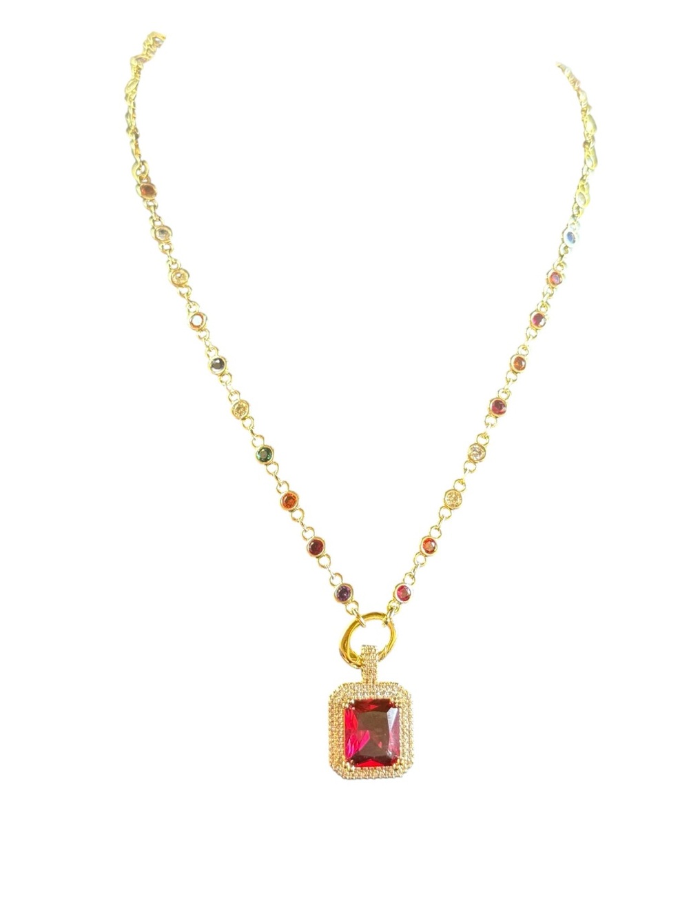 New Freida Rothman Multi Color Crystal 16” Gold Necklace with Red Gem Pendant